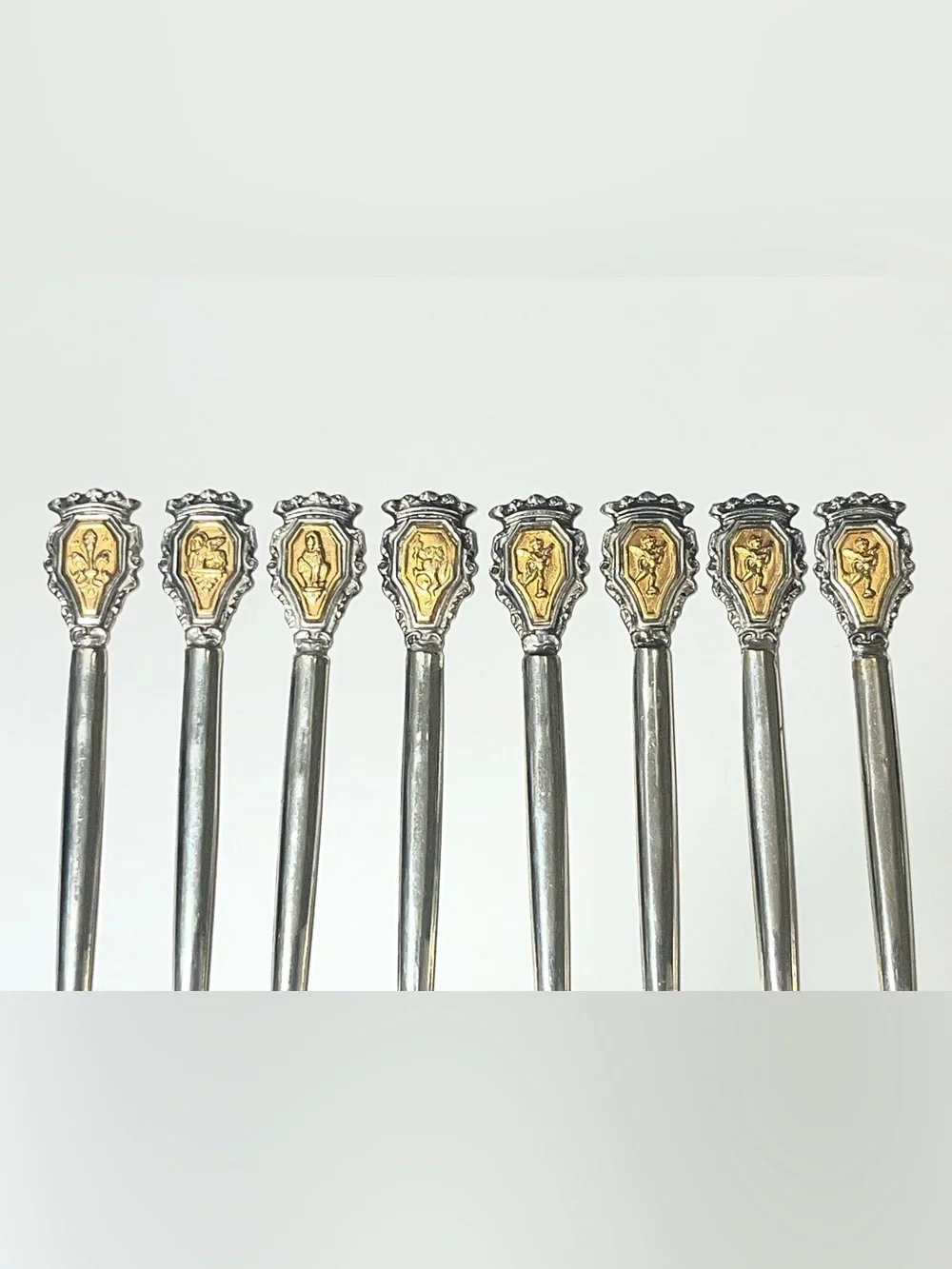 Vintage Silver and Gold-tone Cocktail Picks with Figure/Crest Inlays Set of 8